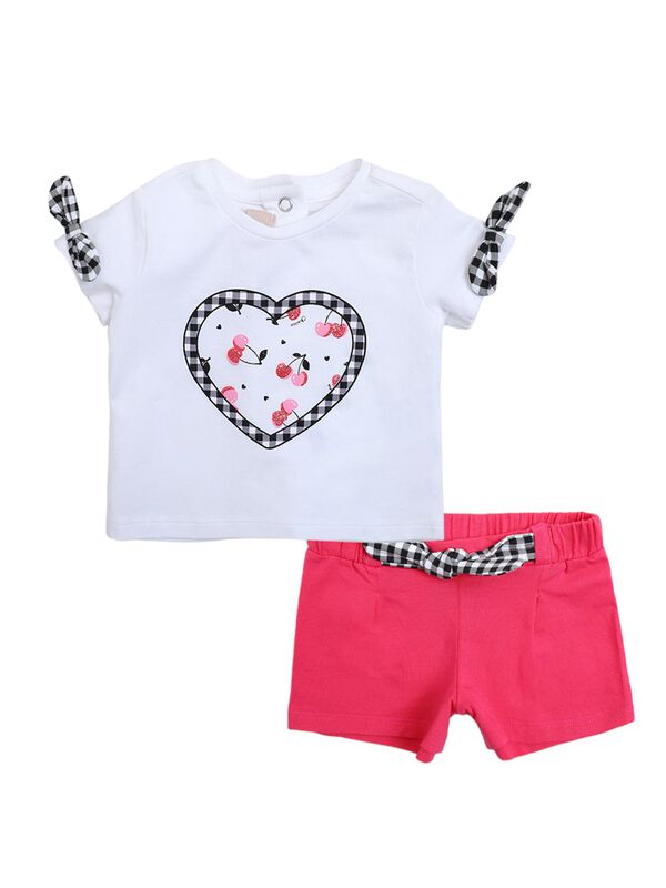 Girls White & Pink T-Shirt with Short Pants image number 0